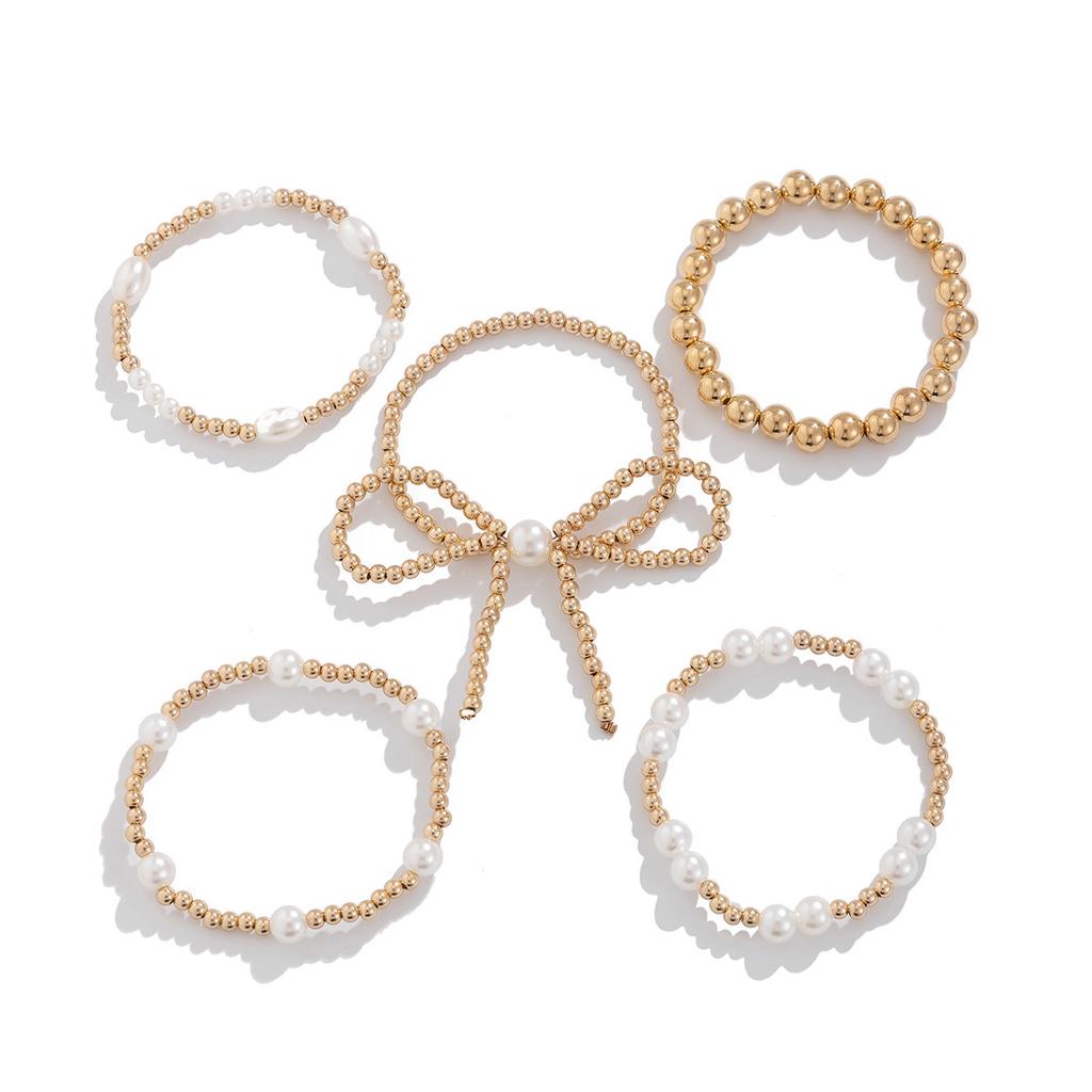 Simple Bow Pearl Beaded Bracelet Set, Fashionable Stacked Metal Elbow Jewelry Women