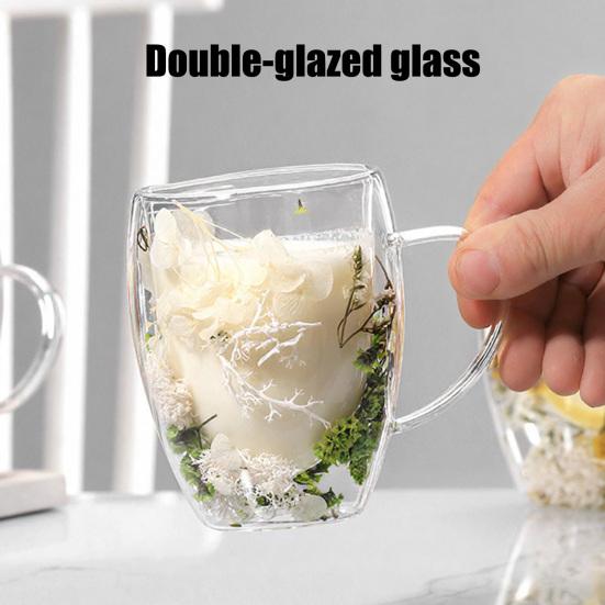 350ML Double Wall Glass Coffee Mug Dries Flower Insulated Glass Cup with Handle Clear Espresso Latte Cappuccino Milk Juice Tea Water Cup