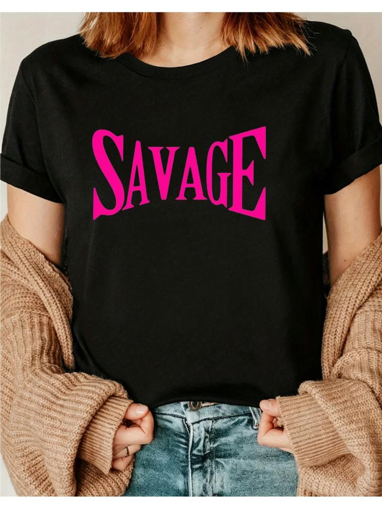 Women'S Pure T-Shirt, Oversized Round Neck Short Sleeve Blouse Suitable for Layering Or Casual Wear, Letter Print, Golde