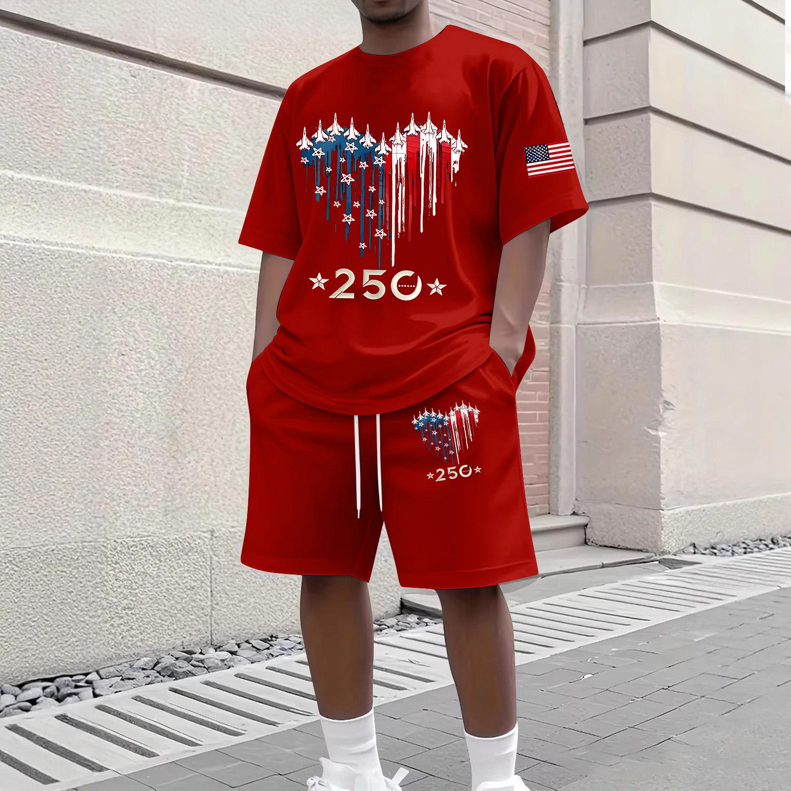 

Men s Casual Two-Piece Set Short Sleeve Crew Neck Top and Shorts with National Flag Print Lightweight Summer Outfit XXXL червоний