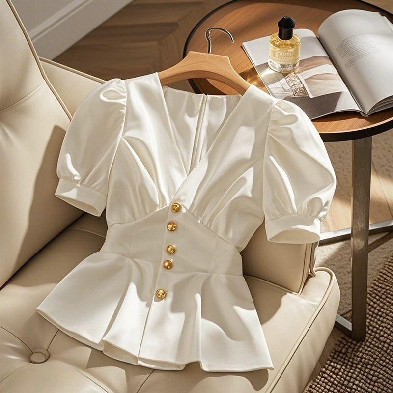 Chic Blue French Niche Short-Sleeve Blouse - Stylish Women's Outerwear for Summer 2026