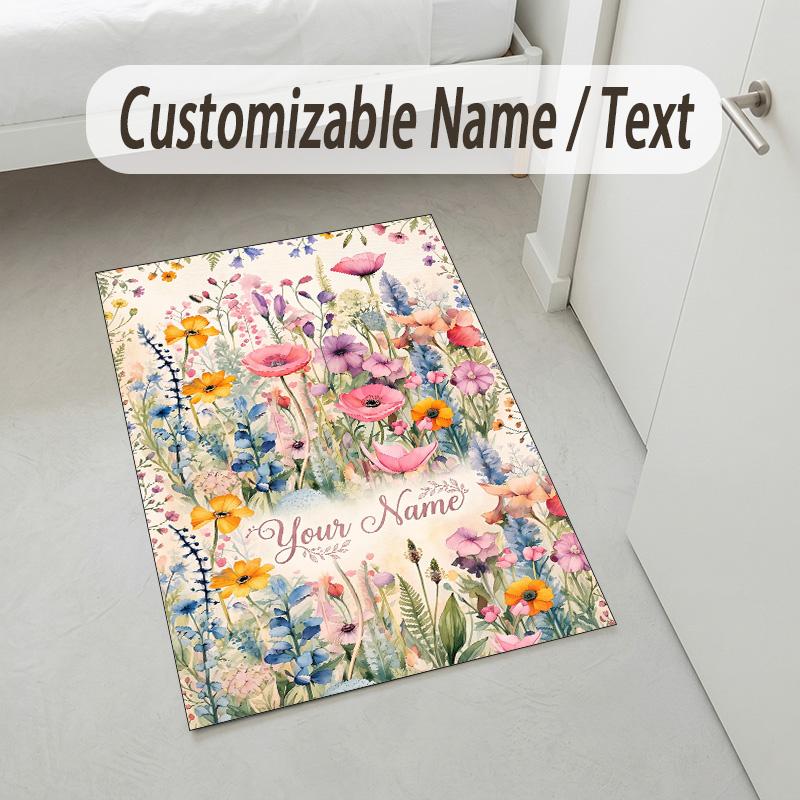 Blumen-Fantasy-Garten-Thema Weicher Kristall-Samt-Teppich Benutzerdefinierter Name & Textdruck Rutschfester Bodenläufer für Schlafzimmer Wohnzimmer