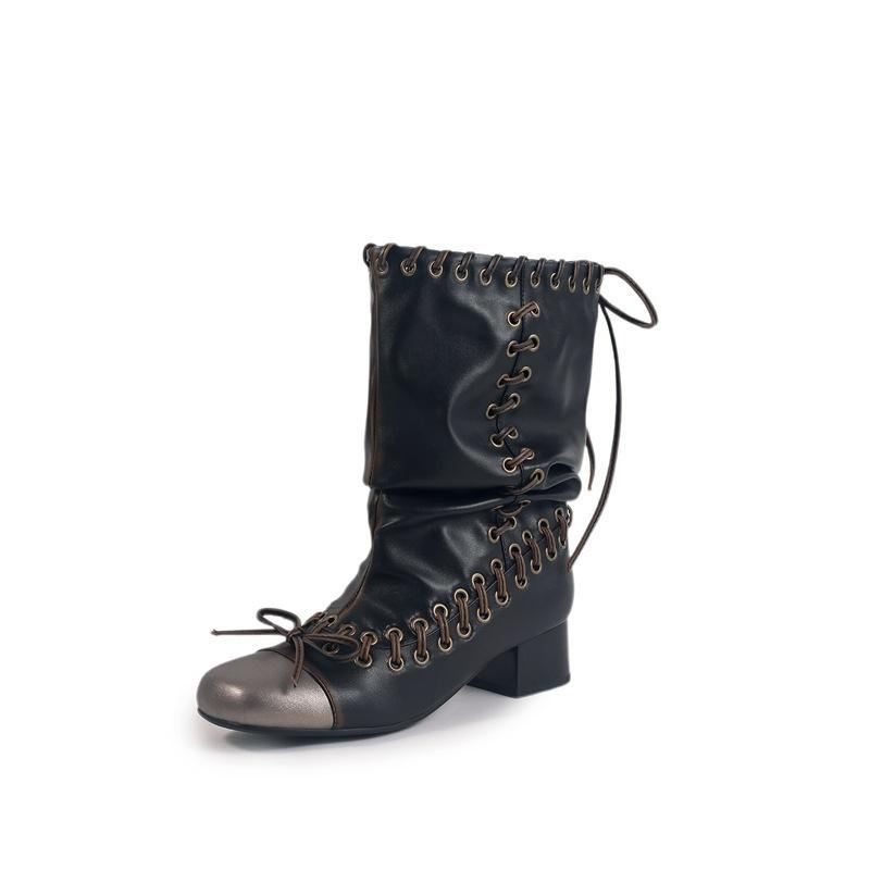 Bow strap woven western boots huge good-looking punk wide tube pile small short boots women
