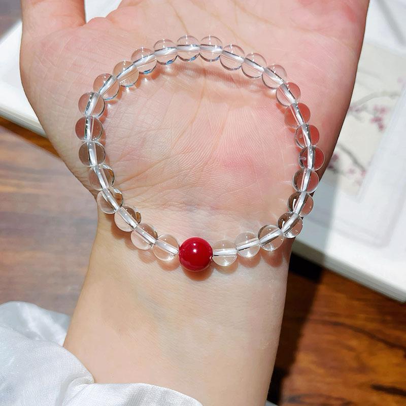 Five Elements Beaded Bracelet: White Crystal, Red Cinnabar, Gold Accents, Southern Red Agate, with White Phantom.