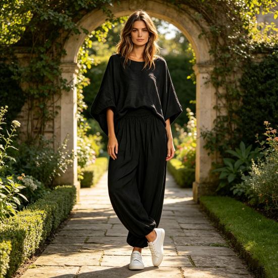 Completo da Donna Due Pezzi Set da Donna 2 Pezzi, Top Largo Girocollo Manica a Pipistrello e Pantaloni a Lanterna, Abbigliamento Estivo per Viaggi Vacanze con Tasche