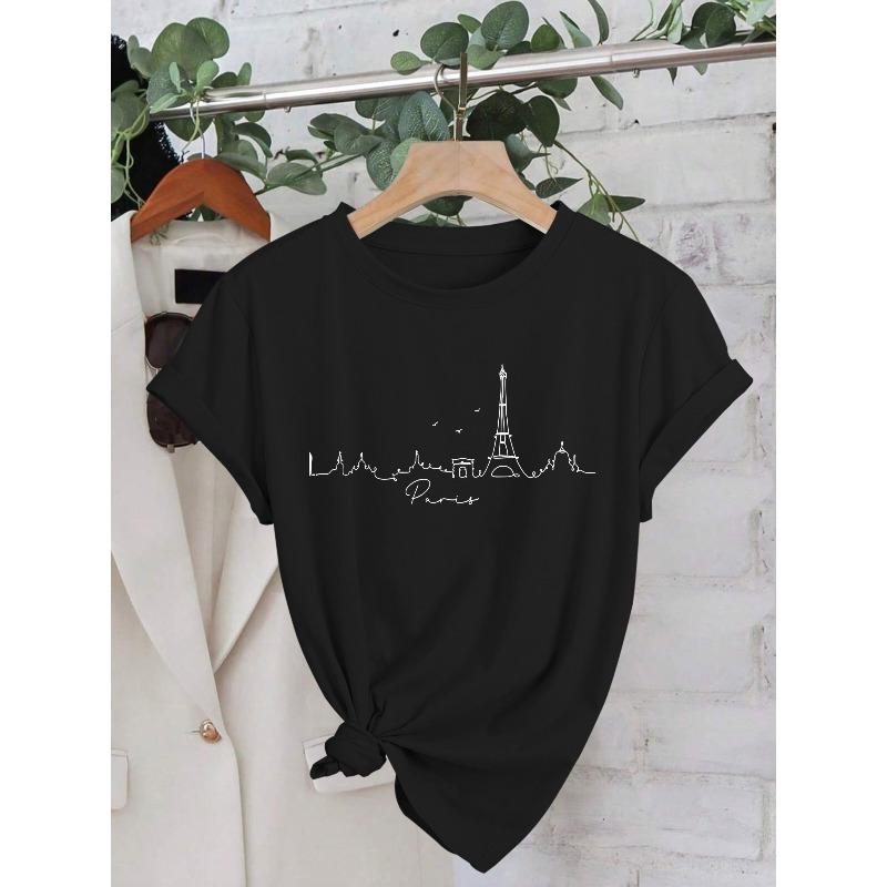 

Womens Paris Print T Shirt Eiffel Tower Landmark Design Cursive Lettering Slim Fit Short Sleeve Round Neck Breathable Summer Casual Top 4XL
