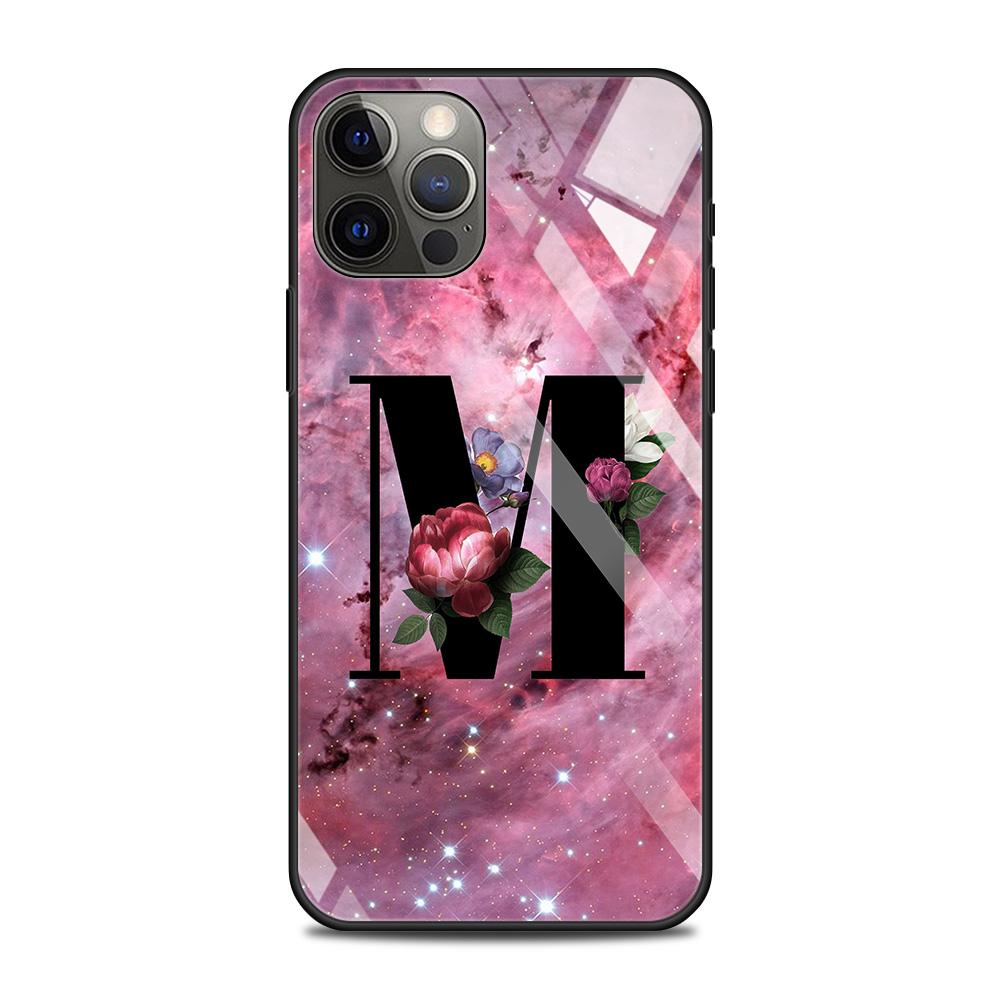 Tempered Glass Case For iPhone 14 12 11 Pro Max 13 12 Mini X XR XS Max 8 7 6s Plus Silicone Shell Letter A B Flowers Pink