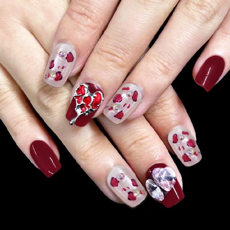 

30Pcs Valentines Short Square Press On Nail with Heart Leopard and Rhinestones Designs for Parties and Everyday Wear 1