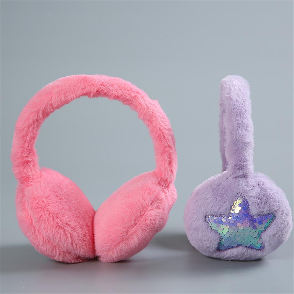 Foldable Plush Ear Muffs for Women Warm Sequins Star Ear Warmers Cold Weather Furry Ear Covers for Outdoor Activities