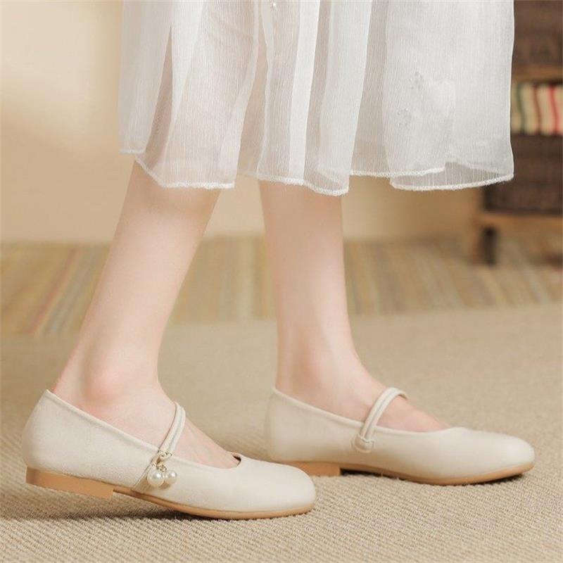 Soft Leather Mary Jane Single Shoes Women's Summer New Pearl Shallow Mouth Comfortable Gentle Wind Flat Grandma Shoes