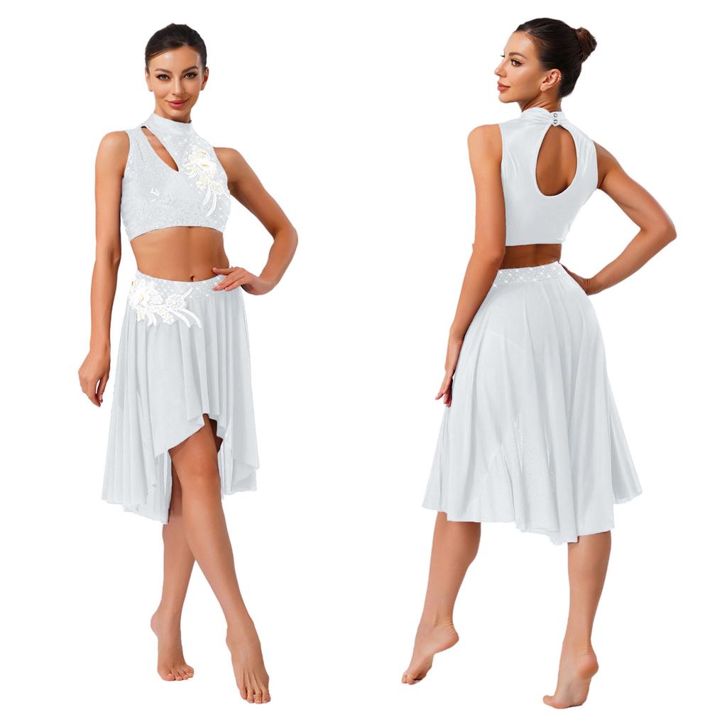 Embroidery Applique Dancewear Set for Women S-XXL: Sleeveless Hollow Crop Top & Irregular Mesh Hem Briefs-Type Skirt