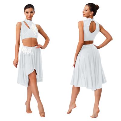 Damen Lyrische Tanzoutfits Ärmelloses Ausgeschnittenes Crop Top Unregelmäßiger Netzsaum Slips Rock Applikation Tanzbekleidung