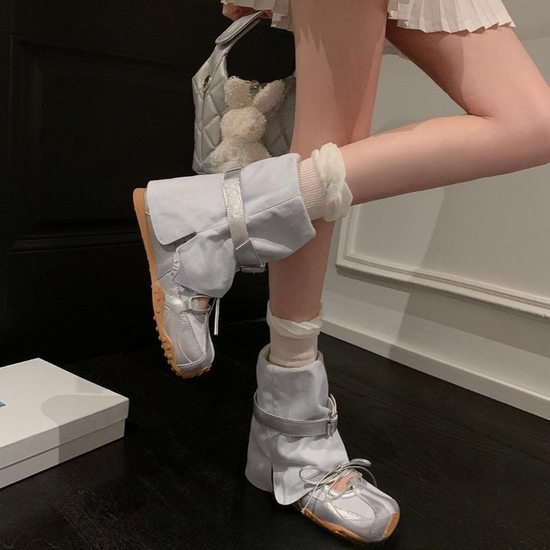 Two-Wear Flat Boots Autumn New Round Toe Spliced Front Lace-Up Metal Belt Buckle Soft Slip Shorthole Boots