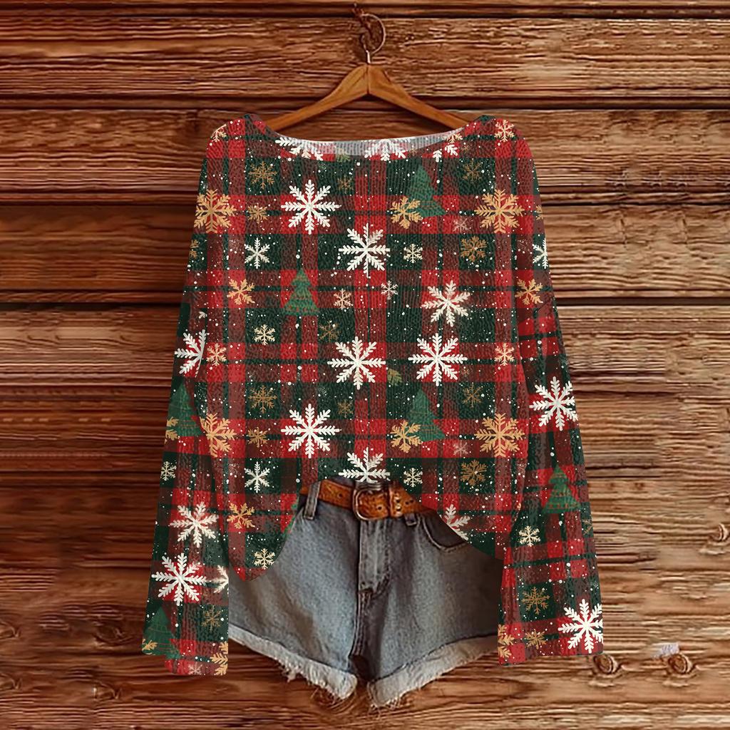 Damenmode Weihnachtsdruck Leichter Pullover Lässig Langärmlig Strick-Pullover-Oberteil