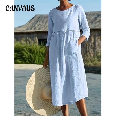 Spring Summer Round Neck Button Pocket Mid Sleeve Solid Colour Dress