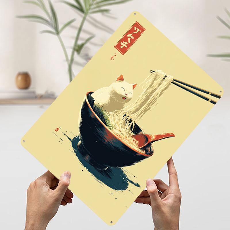 Cat in Ramen Bowl Poster Customized Vintage Metal Signs Wall Art Retro Tin Plaque for Gaming Room Decoration Cozy Custom Plate