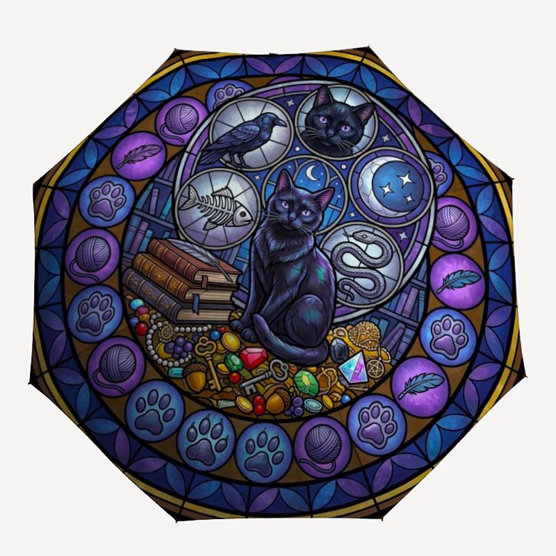 Mystical Cat Mandala pattern umbrella, portable and foldable design, 8 ribs, a casual accessory for Halloween, Christmas, and birthday gifts.