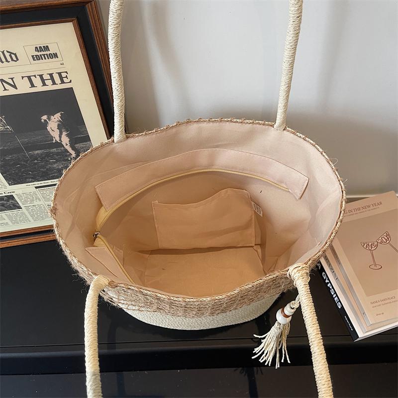 Woven Straw Tote Bag with Beaded Tassel and Open Top Design for Summer Beach or Casual Daily Use