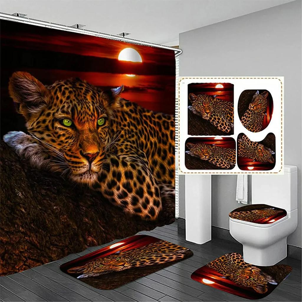 Black Tiger Animals Printed Shower Curtain Set Bathroom Bathing Screen Anti-Slip Toilet Lid Cover Carpet Rugs Kitchen Home Decor