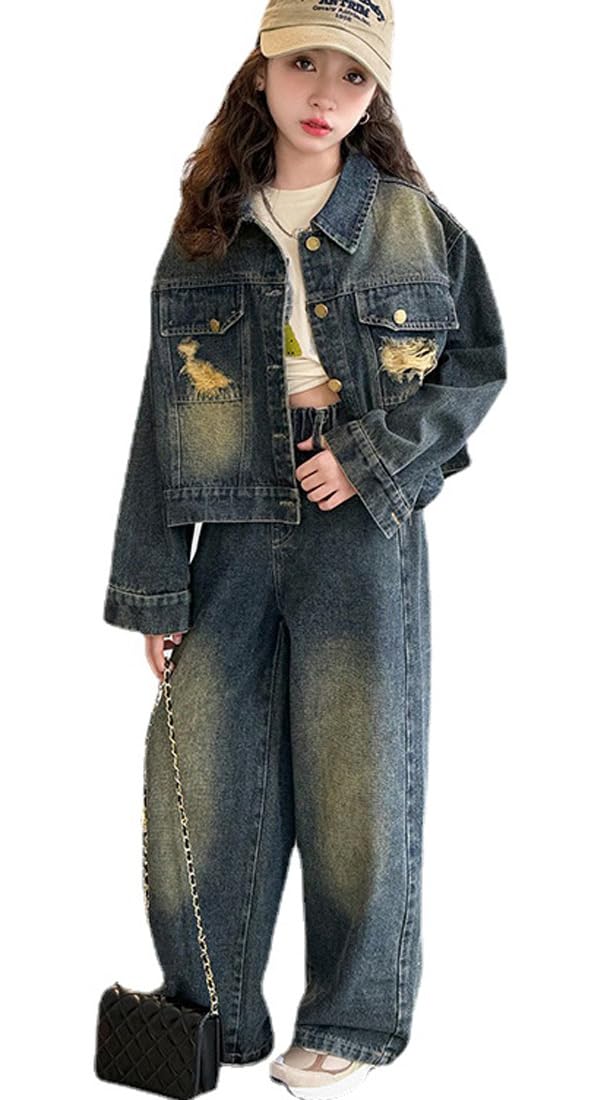 

Джинсовая куртка Mouhoukyo и джинсы, комплект для повседневной танцевальной одежды, большого свободного размера, детский, 2 предмета для девочек, рукава, посадка, весна/осень (Показанный цвет,