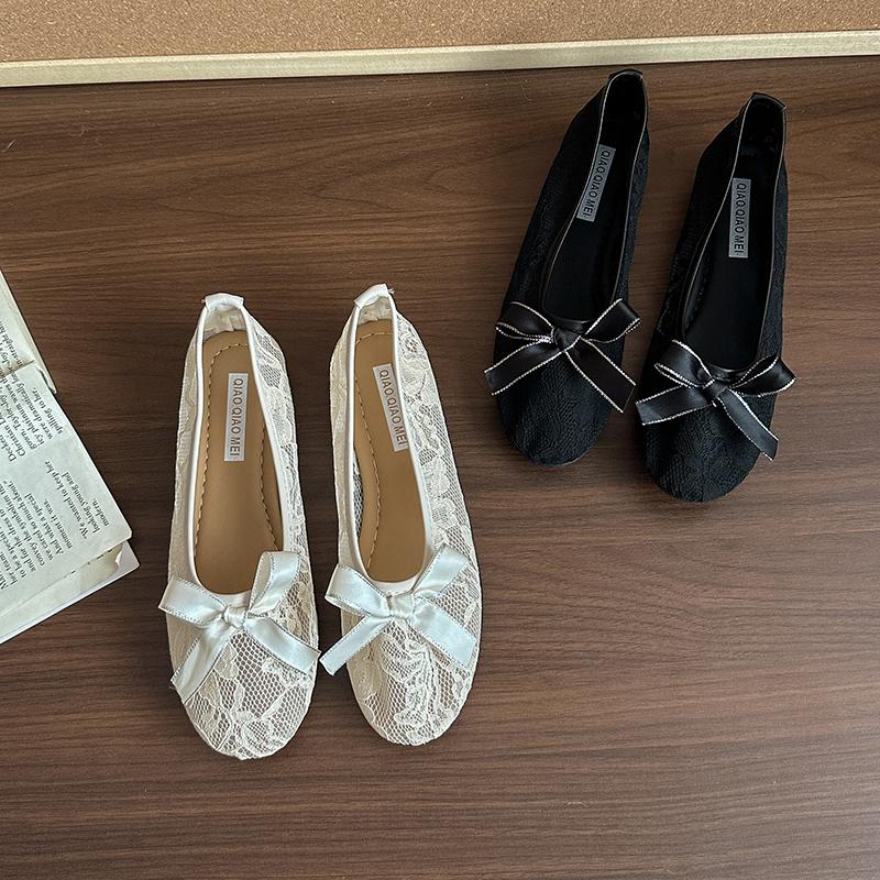 Mode 2025 Neue Damen Rundzehen Flachmündung Schleife Mesh Spitze Atmungsaktiv Weiche Sohle Flache Mesh Schuhe Frühling und Sommer Neue Einzelne Schuhe