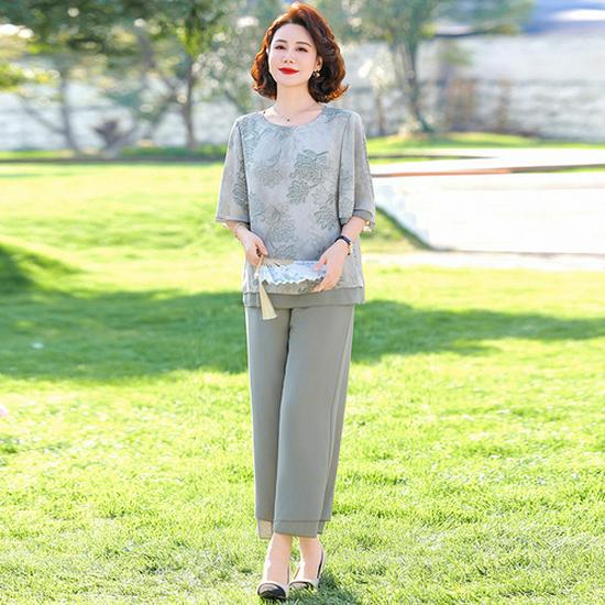Mom's New Chinese Style Two-Piece Set: Spring/Autumn Blouse & Summer Set for Middle-Aged and Elderly Women, 2026