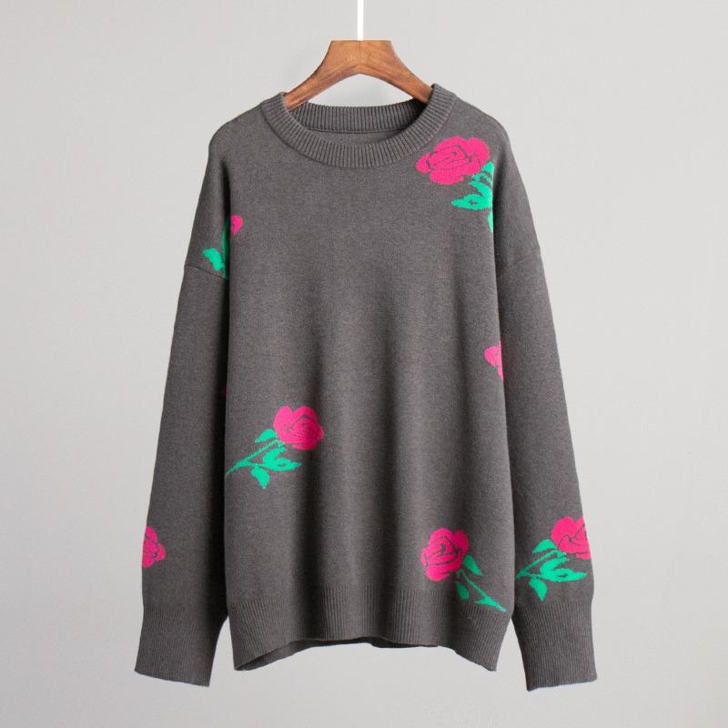 Herbst Rundhals Rose Print Gestrickte Pullover Frauen Winter Neue Mode Lose Pullover Pullover Weibliche Vintage Elegante Warme Casual Strickwaren Tops 24647
