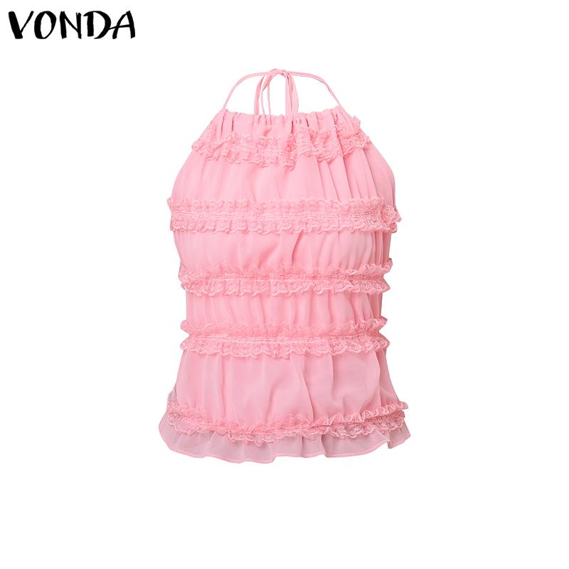 VONDA Damen Träger Neckholder Ärmellos Rüschen Rückenfrei Tanktops Camisole