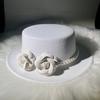 French Retro Pearl Flower Wool Flat Top Top Top Hat Autumn and Winter Small Fragrant Wind Big Brim Street Shot British Woolen Hat