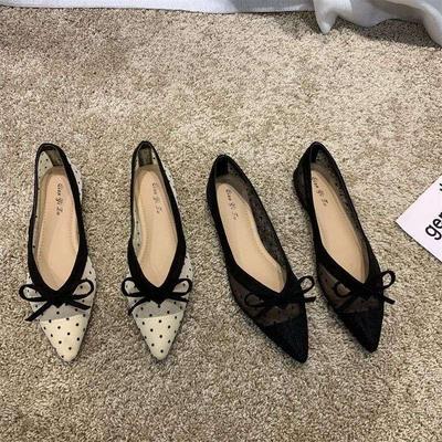 Sapatos Doudou de malha com bolinhas de fundo plano estilo fada verão bico fino laço sola macia boca rasa respirável sapatos de salto baixo femininos