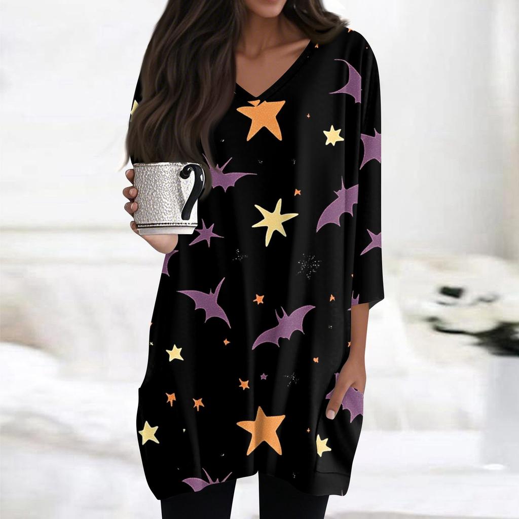 Womens Tops V-neck 3/4 Sleeve Blouses Casual Mid-length Shirts Fashion Halloween Print Tunic Tops With Pockets