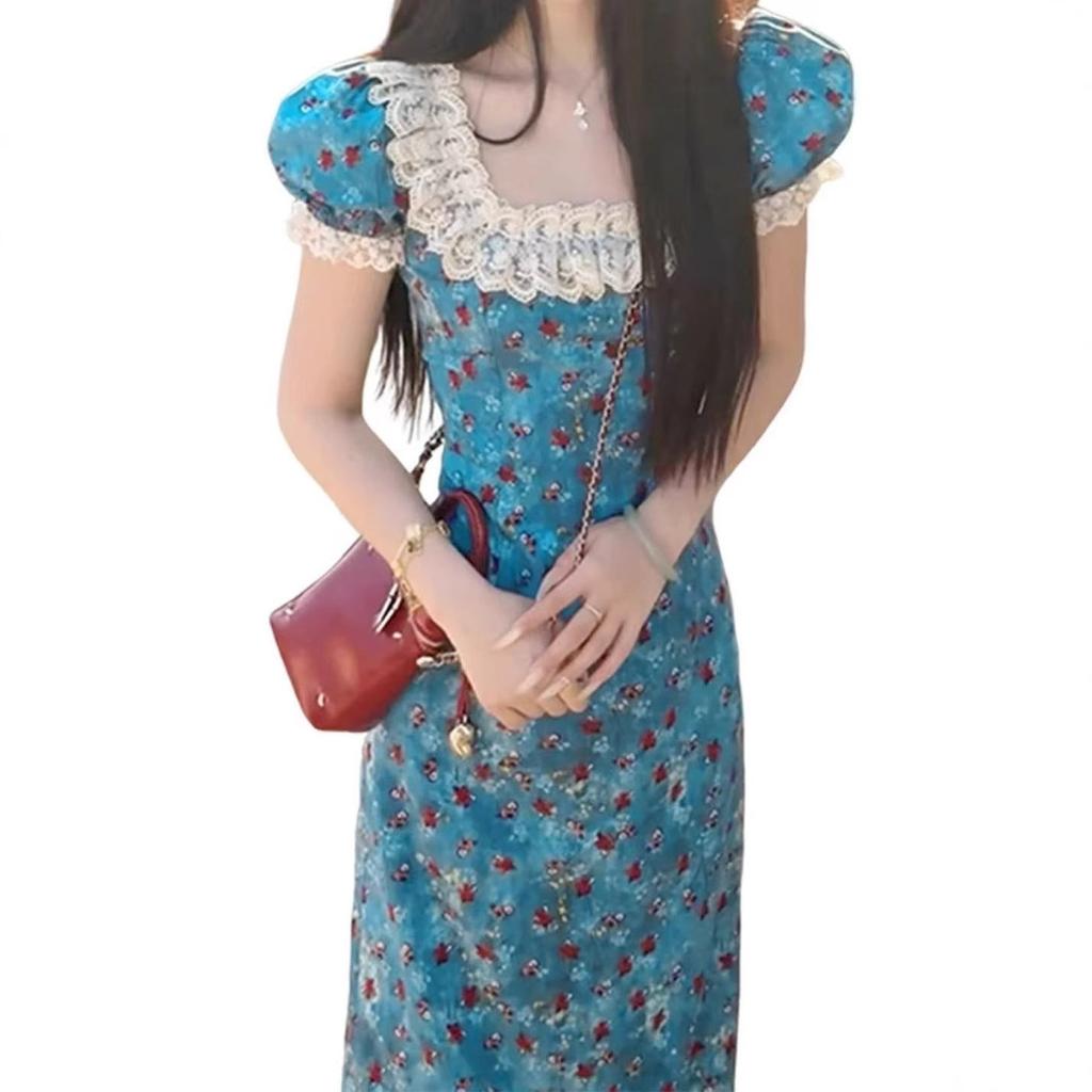 French High-end Blue Floral Dress Women's Summer New Small Unique and Beautiful Long Dress