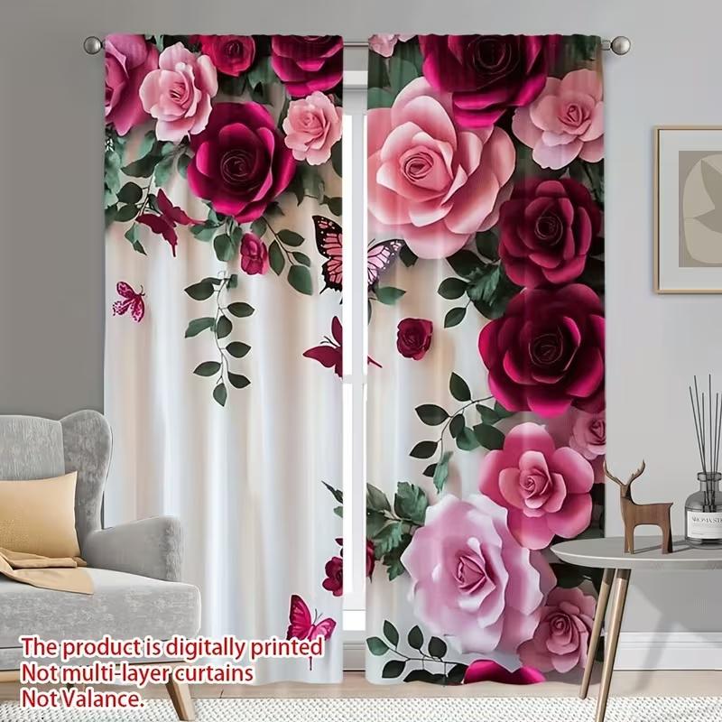 2 Pcs Rose Print Curtains,suitable for Bedroom,living Room Kitchen Decoration,home Decoration,window Decoration
