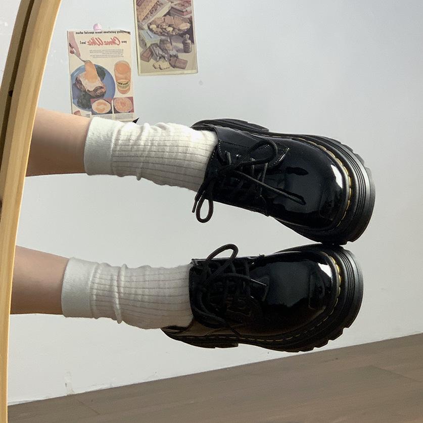 Women's Black Leather Lace-Up Round Toe Loafers - Thick Sole, Height Increasing, British Style (2025 Spring/Autumn/Winter)