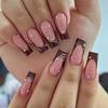 Valentine’s Day Medium Square Press On Nail with Brown French Heart Designs Stick On Nail Decoration for Women