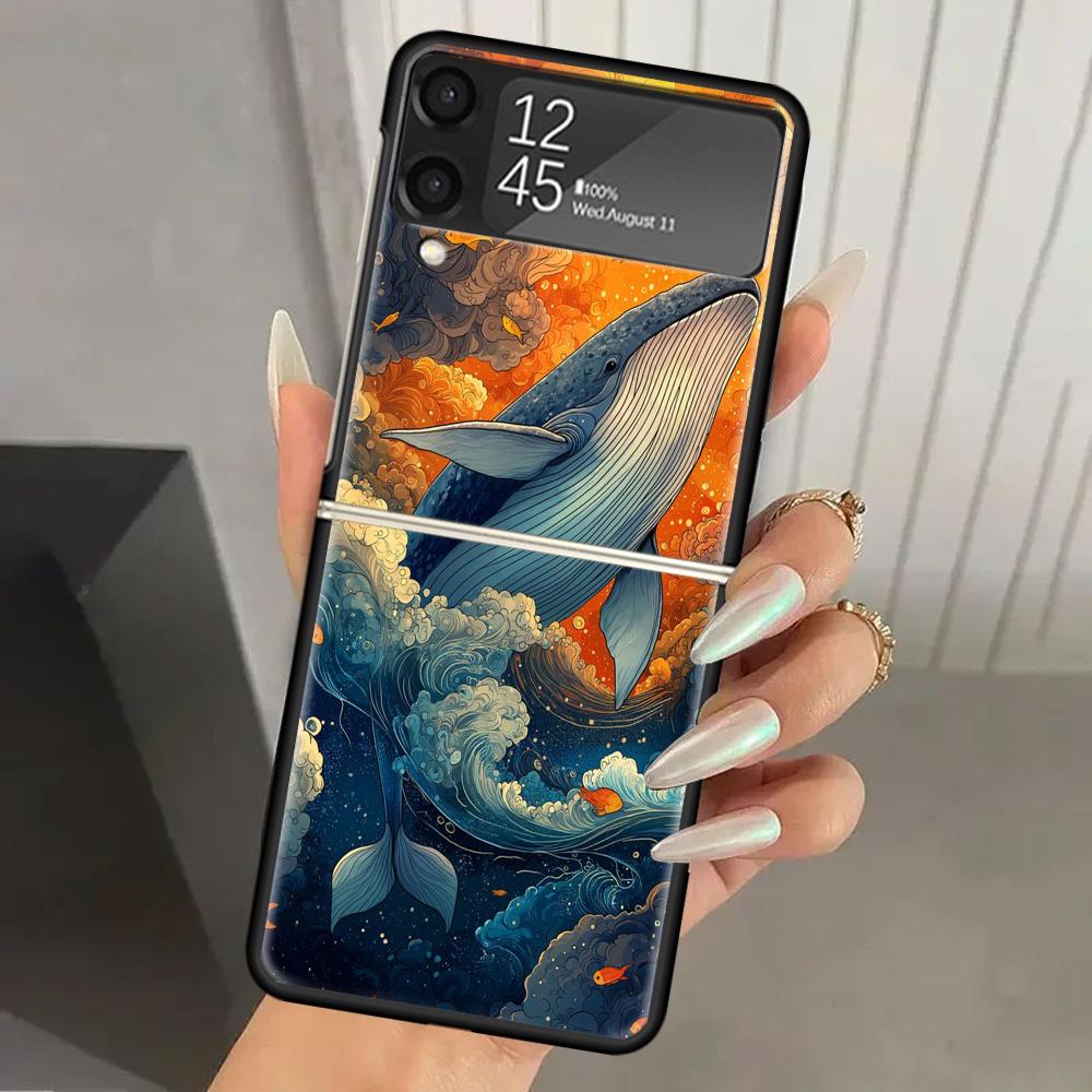 Humpback Whale Sea Giant Hard PC Phone Case For Samsung Galaxy Z Flip 7 6 5 4 3 Black ZFlip7 ZFlip6 Flip5 Flip4 Flip3 5G Print C
