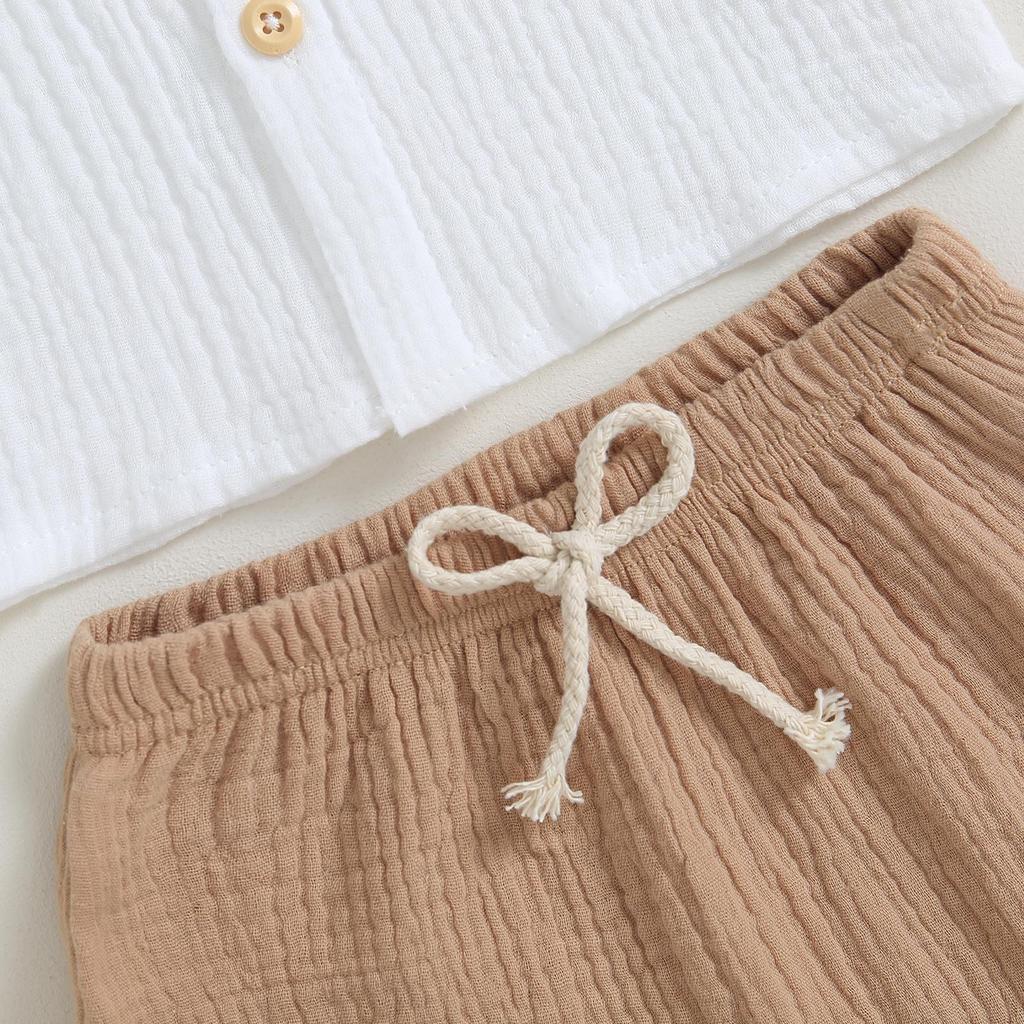 Kids Boys  Cotton Linen Kids Boys Outfits Fall Solid Buttons Long Sleeve Shirts Tops and Elastic Waist Long Pants 2Pcs Clothes Set