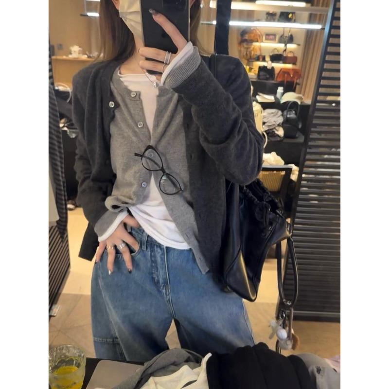 Layer Contrasting Color Splicing Fake Two-piece Top Cardigan Women's Autumn and Winter Soft Waxy Lazy Knitted Sweater Jacket