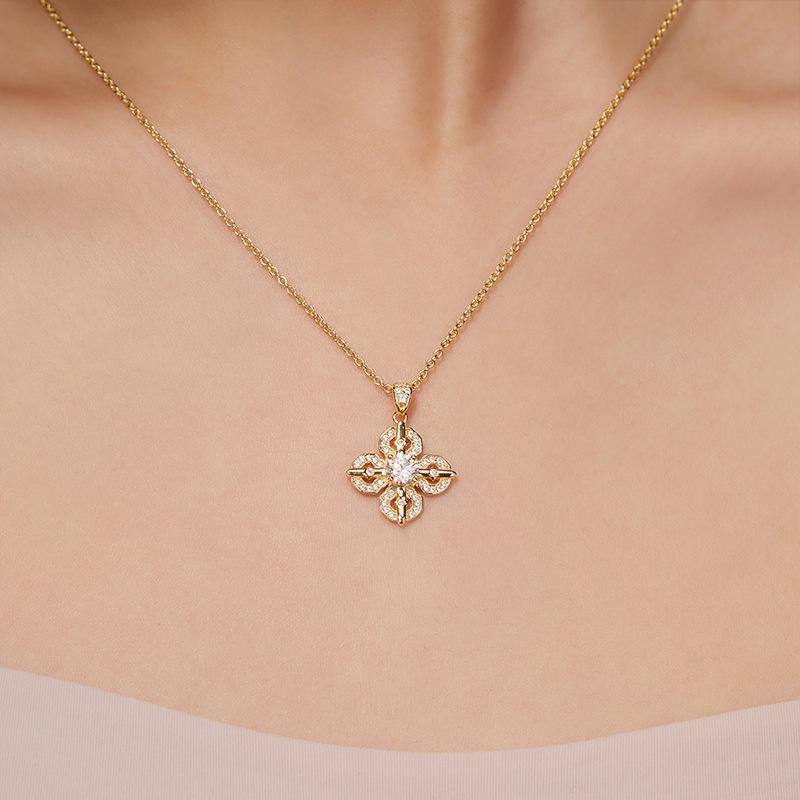 S925 Sterling Silver Moissanite Necklace with Cross Vajra & Four-Leaf Clover Pendant
