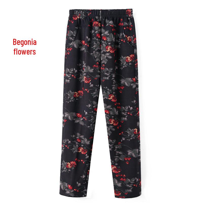 Women's Fleece-Lined Pants, Loose Straight Leg for Middle-Aged/Elderly, Patterned Plus Size, Mom's Style, Fit for All Seasons (Spring, Autumn, Winter)
