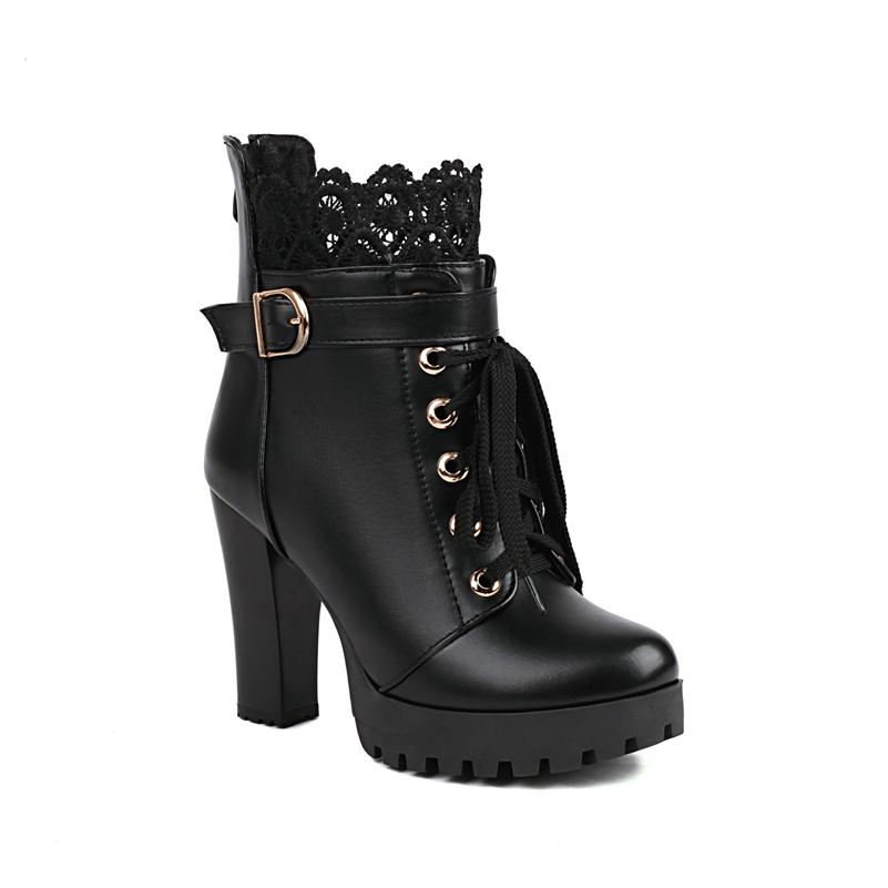 FOREADA Woman Ankle Boots Round Toe Platform Chunky High Heels Buckle Zipper Lace-up Short Boot Lady Fashion Shoes Autumn Winter