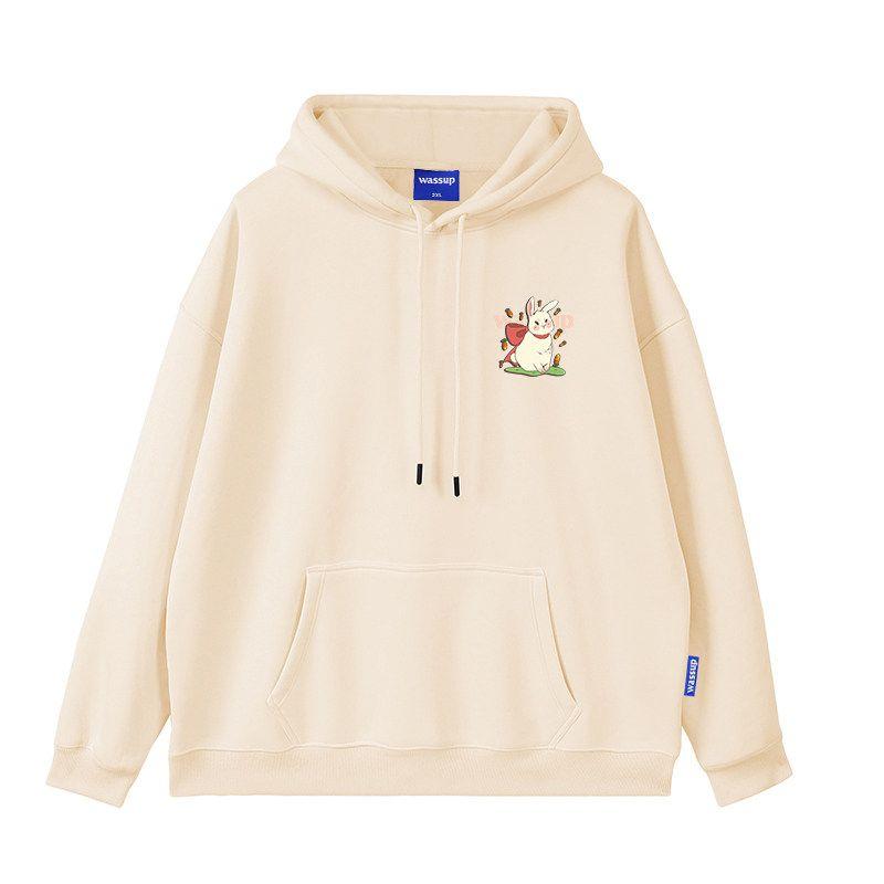 Wassup Rabbit Trendy Brand Hooded Sweatshirt for Men, New Autumn and Winter Loose Fit, Fleece-Lined, Couple Style Casual Top Jacket