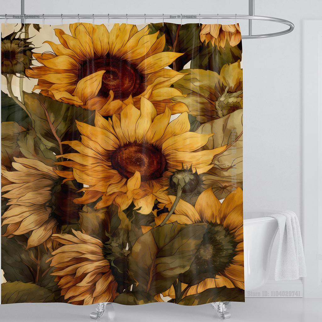 Sunflower Flower Shower Curtain Waterproof Shower Curtain Polyester Fabric 3D Printed Curtain Bathroom Decoration With Hooks