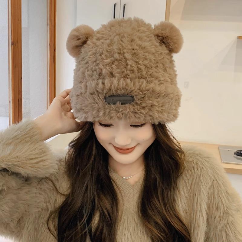 Cute Little Bear Plush Knitted Woolen Cap for Children   New Autumn and Winter Warm Fluffy Headgear and Ear Protecers