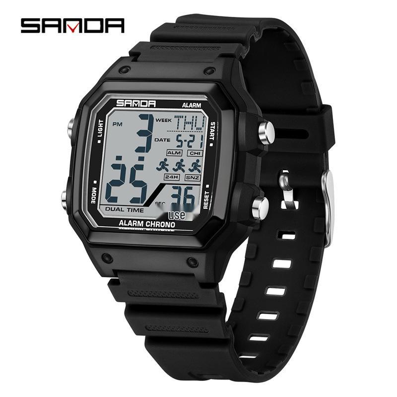 Sanda Men's Outdoor Sports Electronic Watch - Multifunctional, Waterproof, with Countdown and Snooze Feature.