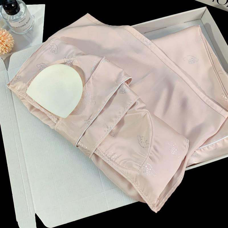 Women's Ice Silk Pajama Set: Built-in Bra, Silver Cinnamon Dog & Cat Top, Shorts & Long Pants
