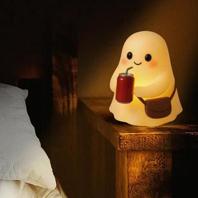 Cute Ghost Lamp Resin Ghost Holding Cup Night Light Halloween Desktop Decor for Bedroom Living Room Indoor Home Decor