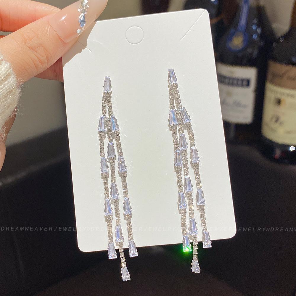 925 Sterling Silver Full Diamond Tassel Earrings – High-End European & American Style, Super Shiny, Luxurious Ear Jewelry for Women.