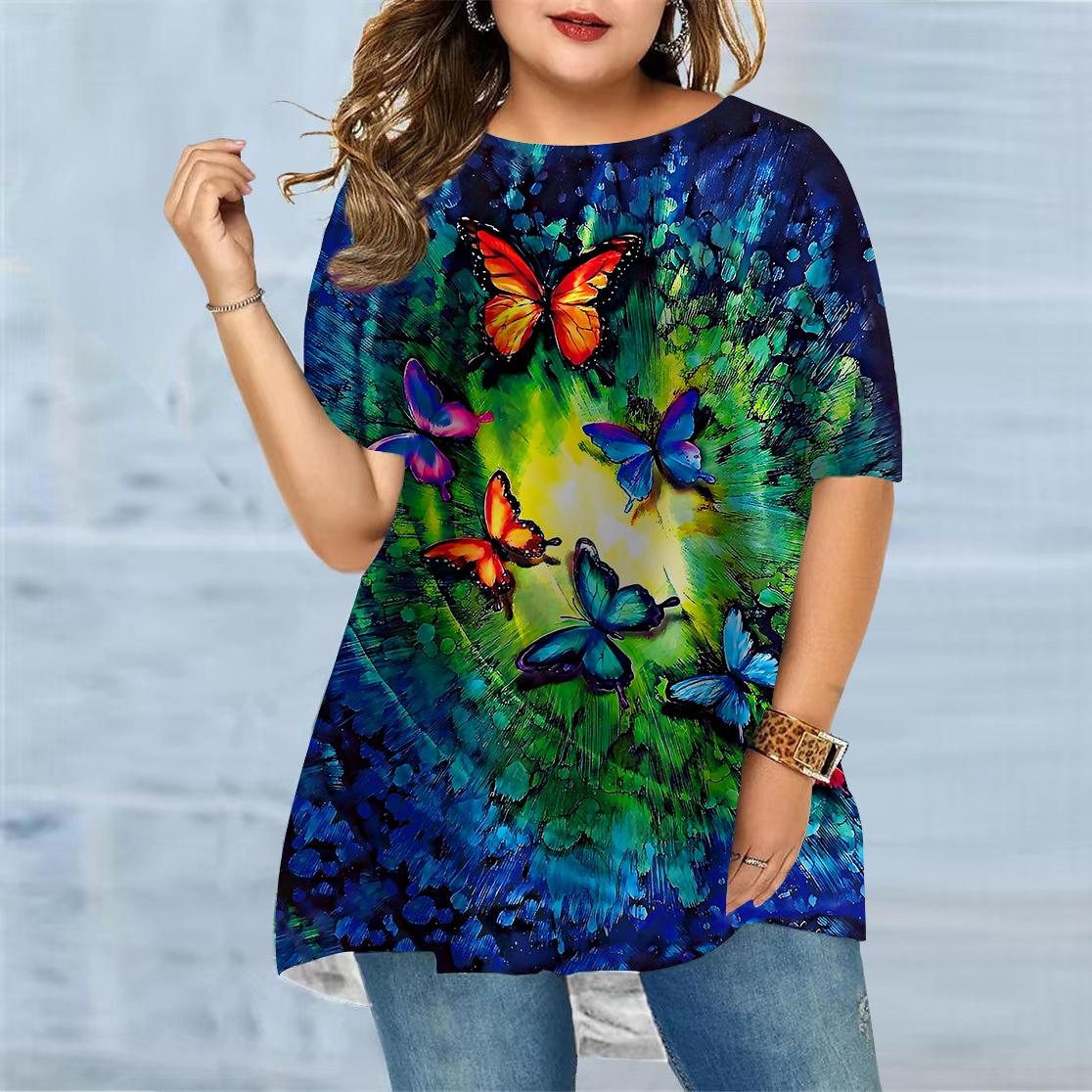 

Женская летняя футболка с принтом увядших листьев и бабочек больших размеров, удобная футболка с короткими рукавами и круглым вырезом, повседневная мешковатая футболка средней длины 8XL темно-синий