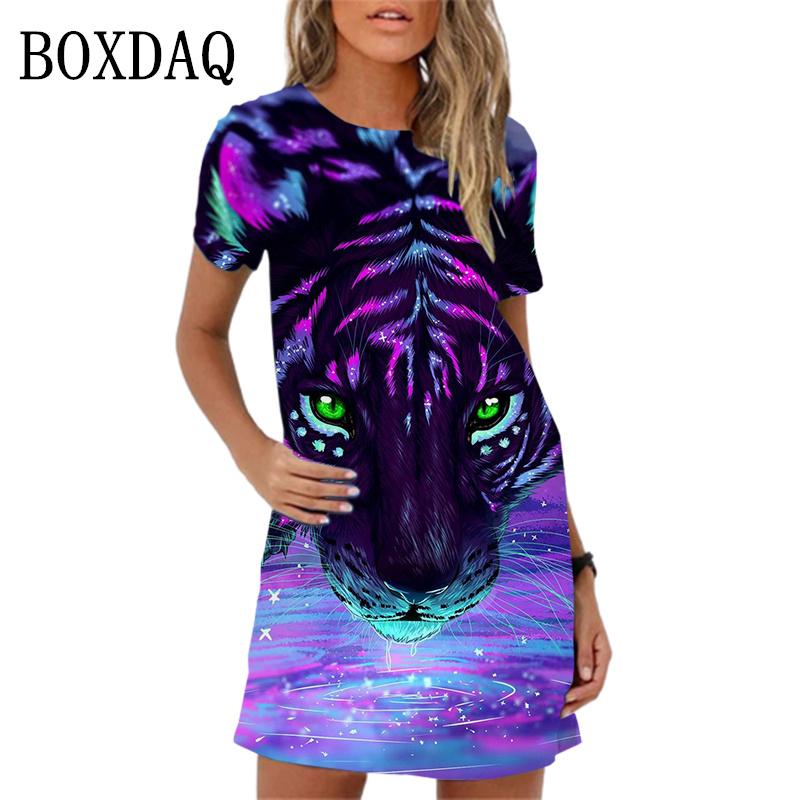 Jarní dámské šaty Módní šaty s potiskem tygra Krátký rukáv Letní ležérní Oversized A-line Minišaty Dámské